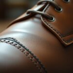 Close-up of a brown leather shoe with detailed stitching. The focus is on the smooth texture of the leather, with visible eyelets and laces. The image highlights the craftsmanship and quality of the shoe material.