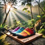 A pair of colorful barefoot shoes in shades of purple, cyan, orange, and red are placed on a wooden stand with "Xero" written on it. The backdrop features a sunlit forest with sunlight streaming through the trees, highlighting lush green foliage—a scene that perfectly embodies comfort.