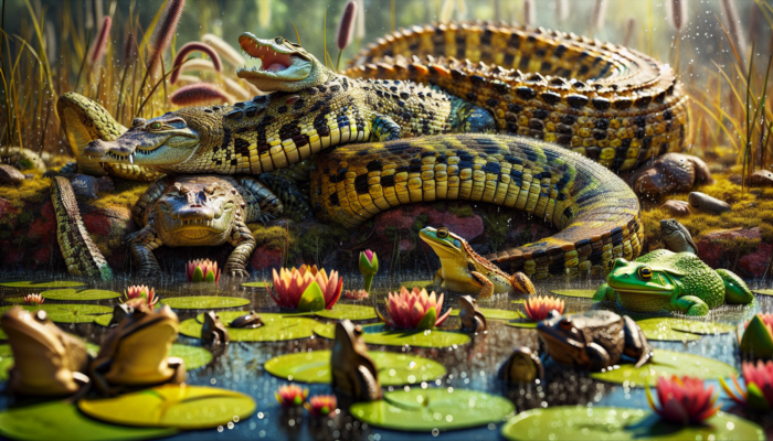 A vibrant scene at Myrtle Beach Safari showcasing reptiles and amphibians in naturalistic settings, along with educational conservation displays.