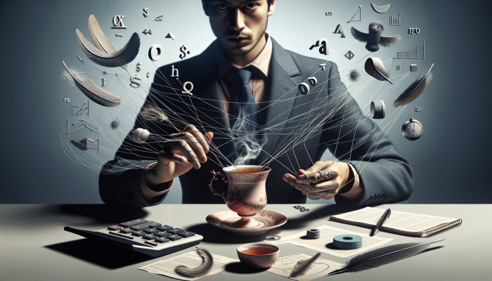 Secrets To Successful Debt Consolidation Loans: A person at a desk with tea, evaluating debts using financial documents and calculators.