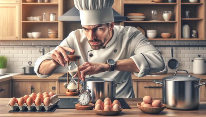 Chef Using a Timer for Precise Egg Boiling, Ensuring Perfect Results.
