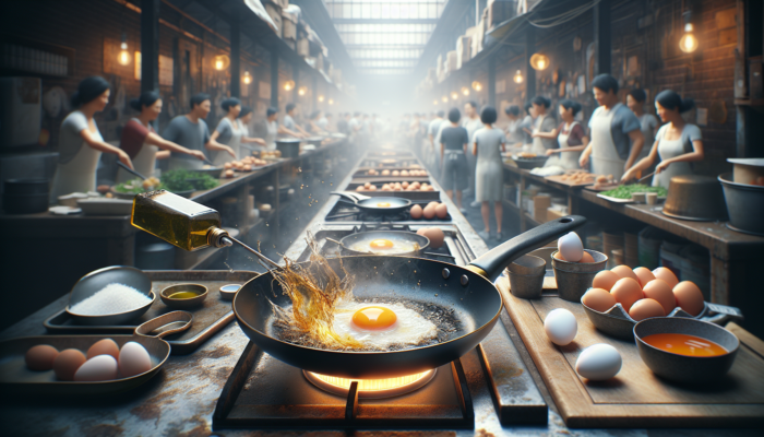 Non-Stick Pan Ready for Frying Eggs with Olive Oil, Ensuring Perfect Results.