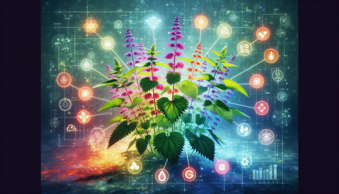 A garden scene with glowing nettle plants and symbols of vitamins and minerals aiding blood sugar control.