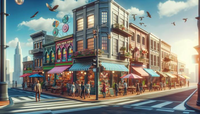 A vibrant city street scene showcasing a Google My Business sign and diverse local businesses attracting customers.