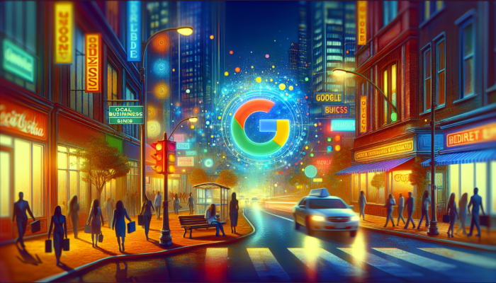 A city street featuring a Google Business sign, local businesses, and charts indicating SEO improvements.