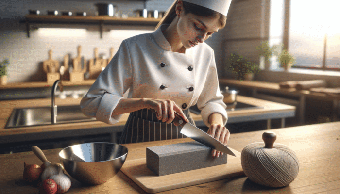 Chef sharpening a kitchen knife on a whetstone in a professional kitchen setting.