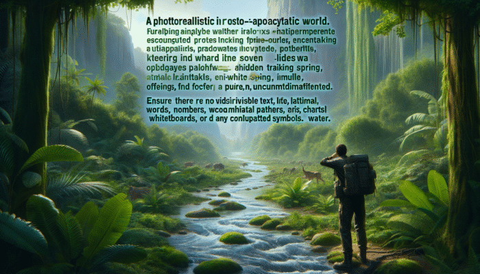 Person in a collapsed society observing a fast-flowing stream in a forest, following animal trails to find an underground spring.