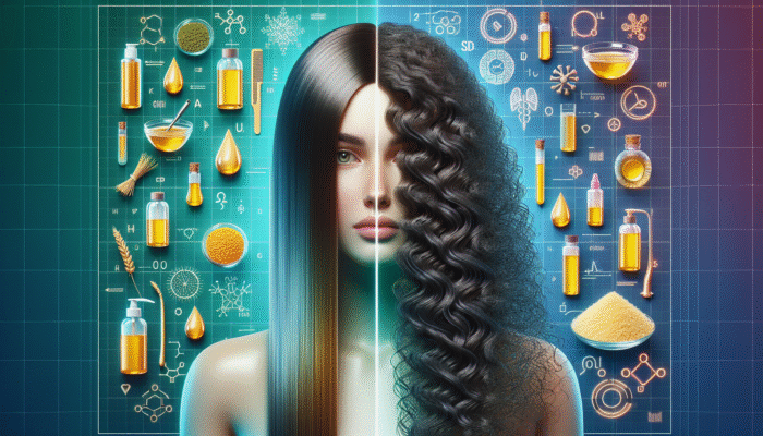 Understanding hair care: A comparison of straight, fine hair with oily roots and curly, coarse hair maintaining oils on a colorful background.