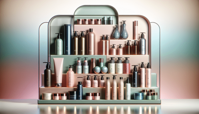 A vibrant selection of hair care products displayed on a modern shelf, showcasing unique and appealing designs.