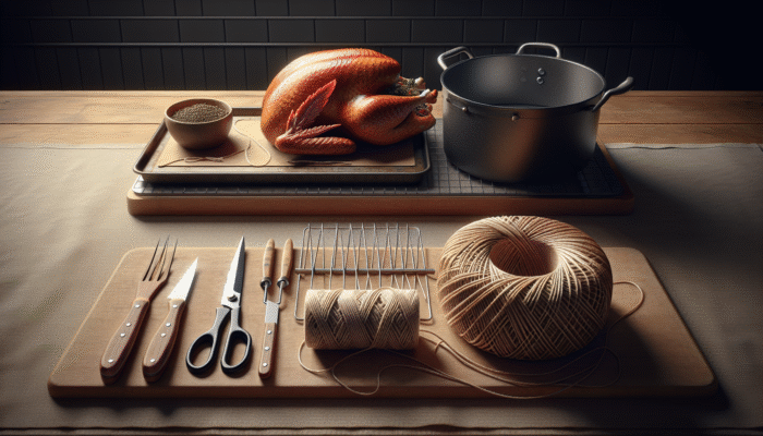 Kitchen twine, scissors, and roasting pan on counter, ready for turkey trussing.