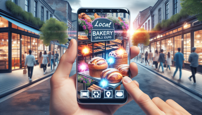 A local bakery's Google My Business profile displayed on a smartphone, showcasing delicious pastries, operational hours, and customer reviews in a vibrant street setting.