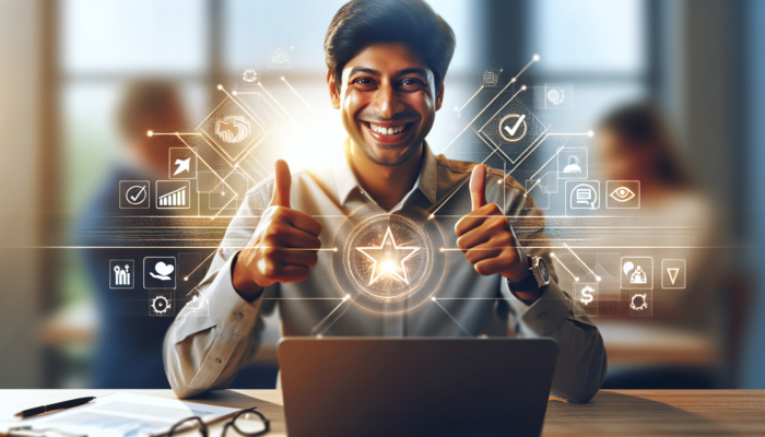 A local business owner smiling while engaging with customers online, surrounded by positive feedback and a reputation icon symbolizing trust.