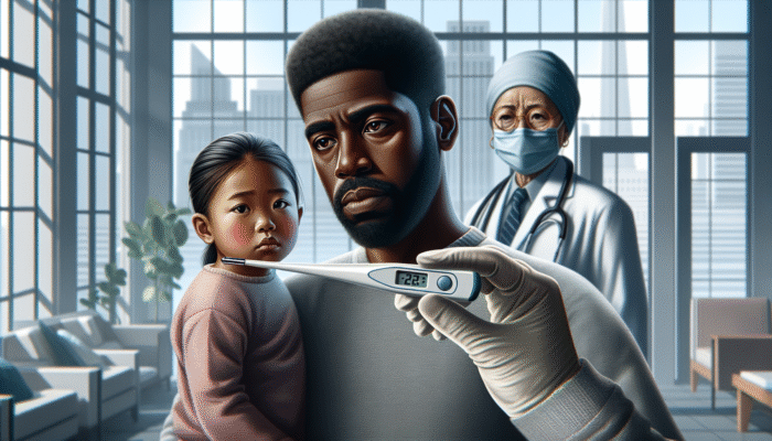 Digital thermometer displaying quick reading, parent assessing child's temperature, doctor in background, contemporary home.