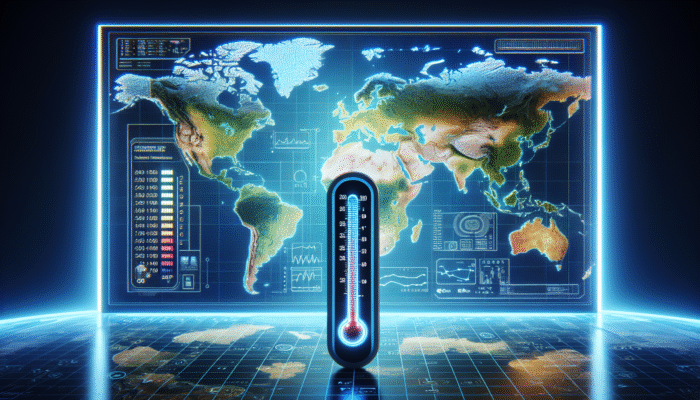 Digital thermometer positioned on global map, illustrating consistent readings across various climates for standardized healthcare monitoring.