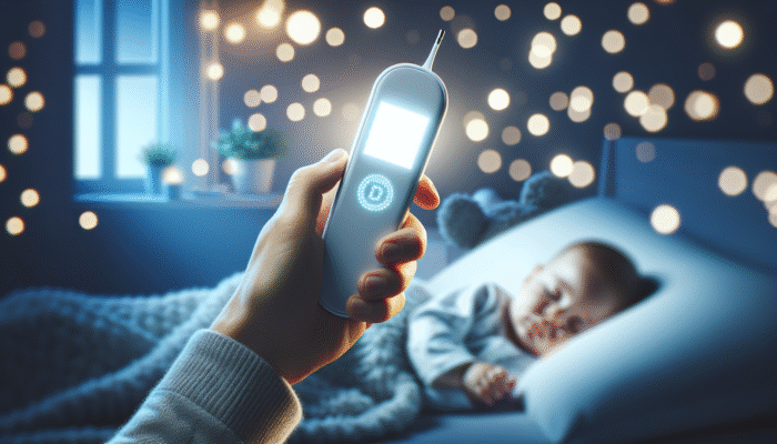 A digital thermometer featuring a large, illuminated screen displaying temperature, as a parent checks a sleeping infant at night.