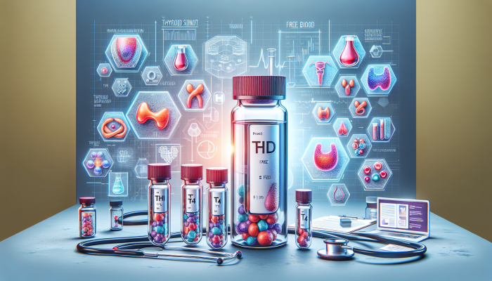 Illustration of a thyroid blood test displaying vials labeled TSH, Free T4, Free T3, and additional biomarkers in a modern laboratory setting.
