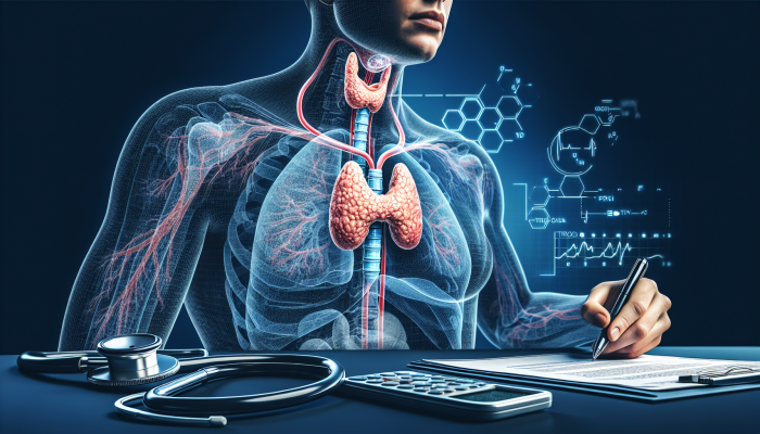 A medical illustration of a thyroid gland with advanced testing equipment, highlighting early detection and effective treatment strategies.