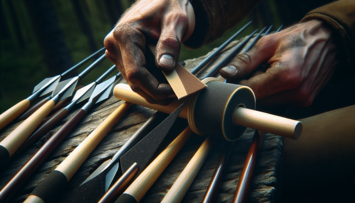 Hand sanding spear shaft using various sandpaper grits for a smooth finish, enhancing grip and aerodynamics.