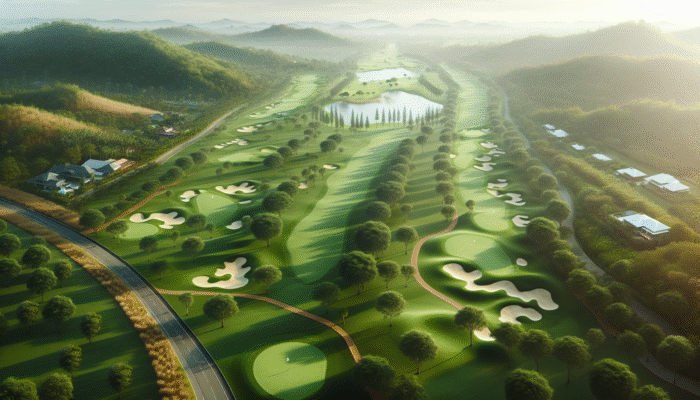 Aerial view of ERPM Golf Club's course with lush fairways, bunkers, and greens amidst rolling hills and trees.