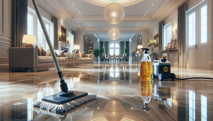 Stylish UK home showcasing polished and honed marble floors, with cleaning tools actively in use.