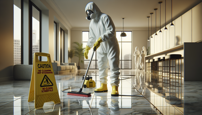 Individual in protective gear cleaning marble floor, with caution signs and open windows for ventilation, in a well-lit space.