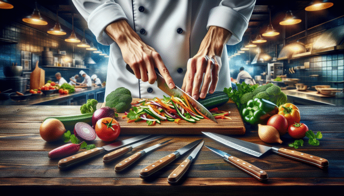 Chef's hands julienning vegetables on a wooden board in a professional kitchen.
