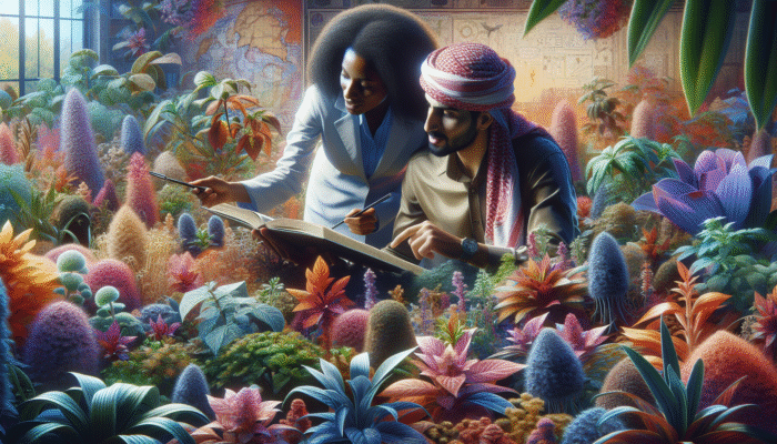 A botanist exploring a vibrant botanical garden, discovering rare herbs.