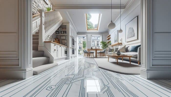 Porcelain vs Natural Stone Flooring Choices in Edinburgh: Immaculate porcelain floor in an Edinburgh residence, resilient against high traffic, impervious to scratches, dents, or stains.