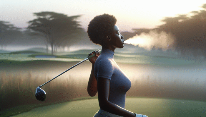 Best Golf Concentration Exercises: Golfer at dawn on serene course, focused and calm, utilizing diaphragmatic breathing.