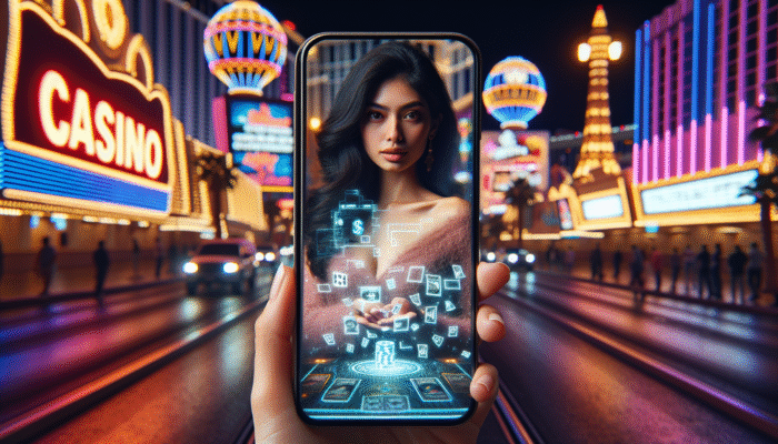 Individual setting their gambling limit on a smartphone in the vibrant streets of Las Vegas at night.