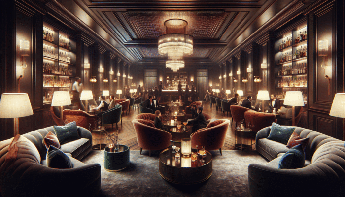 Cozy lounge at The Cromwell with velvet sofas, ambient lighting, and guests enjoying cocktails.