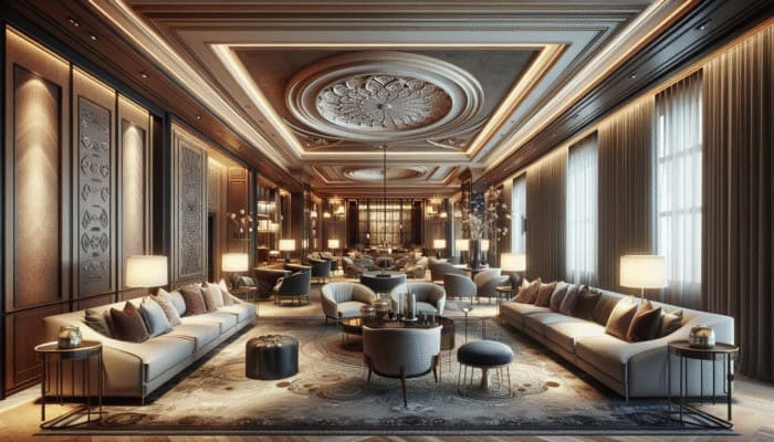 Elegant interior of Franklin Lounge Delano featuring high ceilings, plush sofas, and inviting seating in rich tones and soft accents.