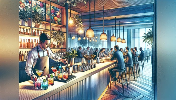 Expert mixologists at Franklin Lounge Delano creating colorful, unique cocktails using seasonal, fresh ingredients.