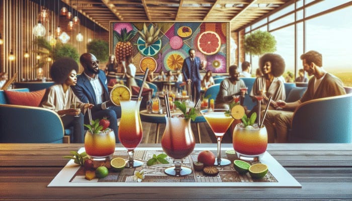 Colorful non-alcoholic mocktails with fruits and herbs at Franklin Lounge Delano, enjoyed by diverse patrons in a lively daytime atmosphere.