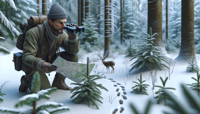 Tracking for Survival: A wildlife tracker examining deer tracks in snowy forest, using map and binoculars.