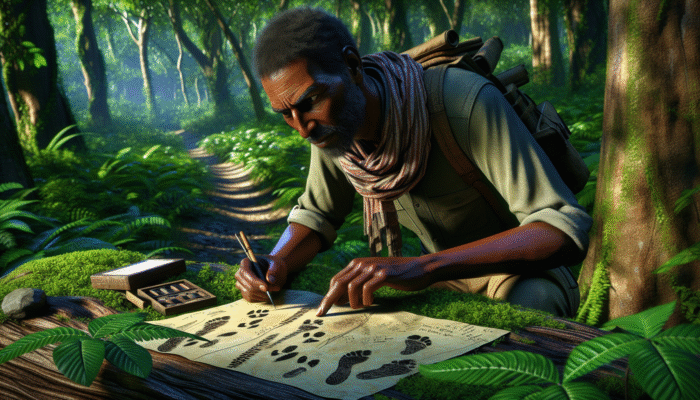 A skilled tracker examining footprints and signs in a dense forest.