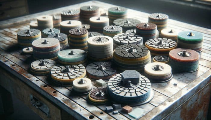 Diverse assortment of polishing pads on workbench, showcasing diamond and resin types for stone floors.