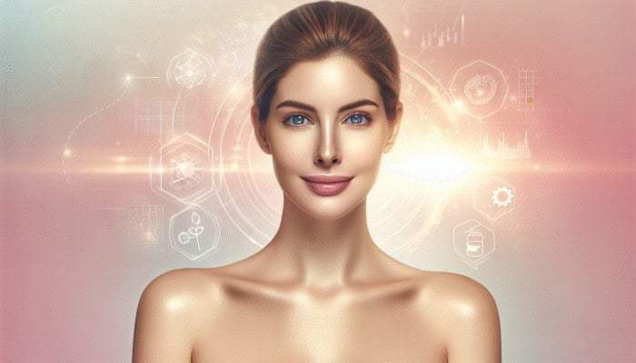 Collagen for Postmenopausal Women: A serene postmenopausal woman with radiant, youthful skin due to collagen supplements, against a soft pastel background.