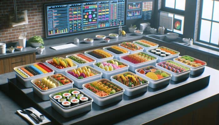 Colorful protein-rich meals in containers, featuring sushi, tacos, and curries on a kitchen counter.