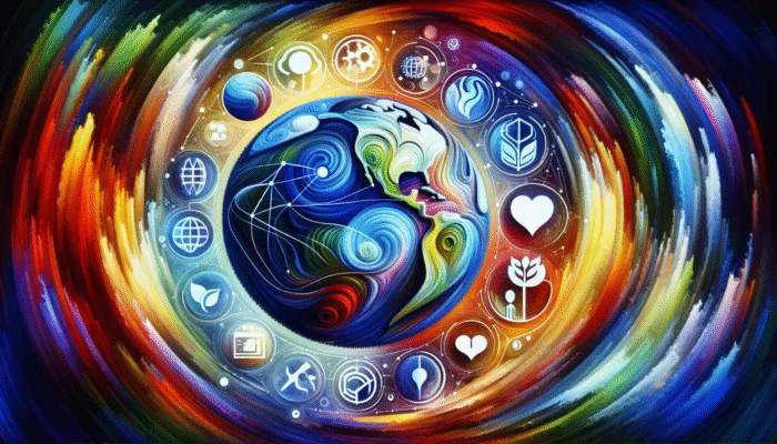 A vibrant digital artwork depicting a globe and diverse trending topics interconnected by universal strategies in a modern, abstract style.