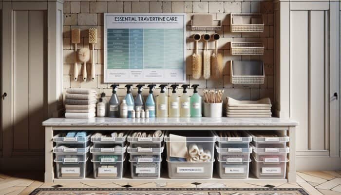 Well-organized cleaning station in a UK home showcasing travertine care essentials such as cleaners, brushes, and cloths on a travertine floor.