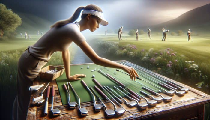A golfer choosing a putter from a selection on a wooden table amidst a green landscape.