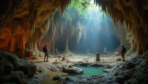 Four individuals with backpacks stand inside the majestic ATM Cave in Belize, surrounded by stunning stalactites, rocky formations, and a small pool of water. Sunlight filters through an opening above, illuminating the center like a true Adventure Guide’s dream.