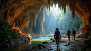 Three individuals with backpacks and hats navigate through the majestic ATM Cave in Belize, beside a shallow stream. Sunlight streams in from the entrance, illuminating rocky walls and vibrant green surroundings—an adventure guide leads them past ancient stalactites.
