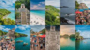 A captivating collage of 12 images showcasing pristine beaches, ancient stone ruins, lush green landscapes, ocean vistas, bustling festivals with market stalls, boats on water, and individuals enjoying sandy shores under both blue and cloudy skies—perfect for a Belize travel guide.