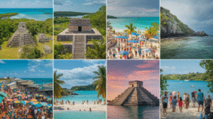 A compelling collage displays eight images showcasing ancient Mayan ruins, crowded beaches, pristine turquoise waters, a vibrant marketplace filled with colorful umbrellas, tourists, and lush tropical landscapes under the sunny and partly cloudy skies of Belize.