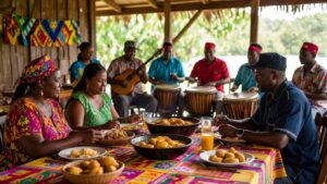 A gathering of individuals around a table filled with various Garifuna foods and drinks, while musicians in colorful attire play drums and guitars. This scene captures the lively essence of Garifuna culture in an outdoor environment adorned with vibrant tablecloths.