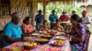 A family seated around a colorful outdoor table in Belize, enjoying Garifuna cuisine together. In the background, musicians play drums and other instruments under a thatched roof, showcasing the vibrant essence of Garifuna culture. Everyone appears relaxed and joyful.