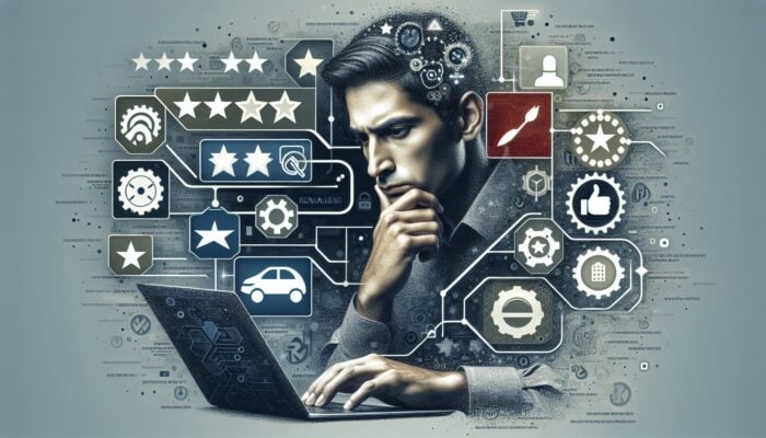 Person analyzing customer reviews on laptop, surrounded by rental company logos, graphs, and stars.