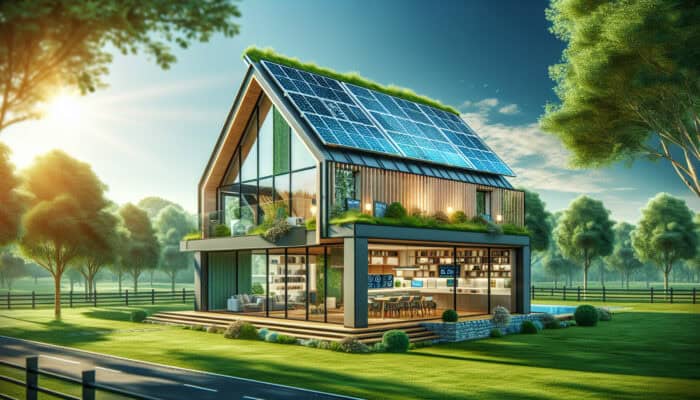 A modern UK home with solar panels and a green roof amidst trees, symbolizing carbon neutrality.